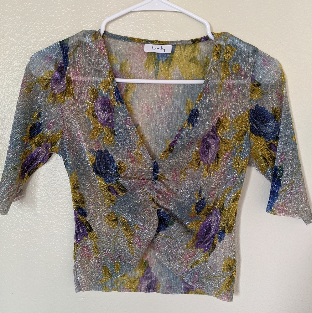 Shimmery, Floral, Metallic Top
